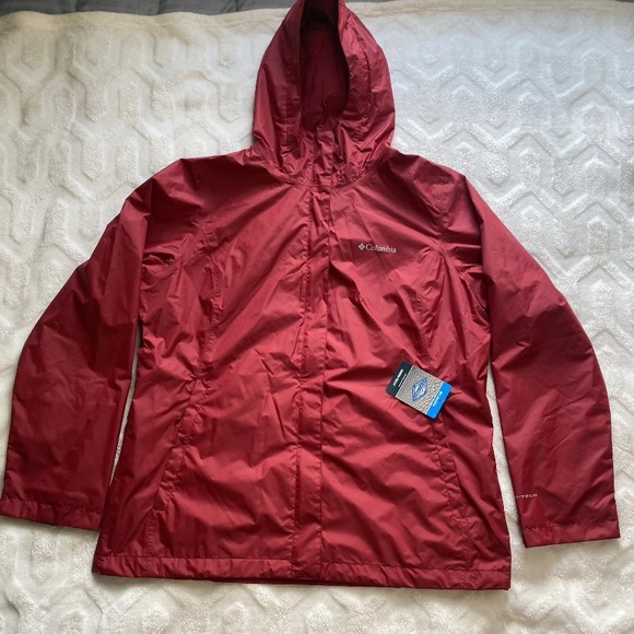 Columbia Arcadia II Jacket Omni Tech Womens XL Waterproof Red Hooded Windbreaker - Picture 1 of 14